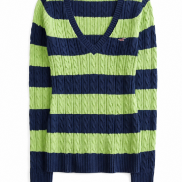 Lime Green Navy Striped Cable Knit V-Neck Sweater