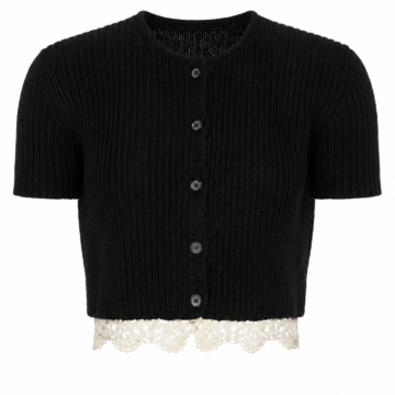 Black Ribbed Cropped Cardigan with Lace Trim