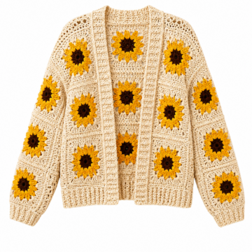Cream Crochet Sunflower Cardigan with Open Front