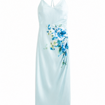 Light Blue Watercolor Floral Print Sleeveless Midi Dress