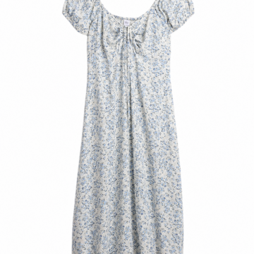 Blue Ditsy Floral Square Neck Puff Sleeve Midi Dress
