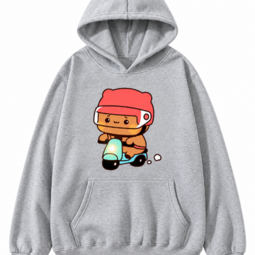 Heather Gray Graphic Pullover Hoodie with Bear Scooter Print