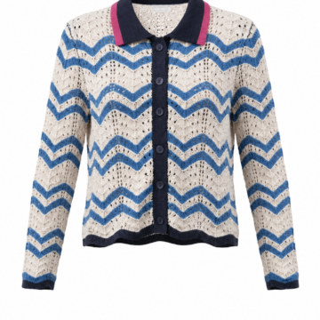 Blue Chevron Knit Cardigan with Contrast Trim