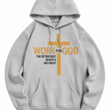 Light Grey Graphic Pullover Hoodie with Cross and Text Print