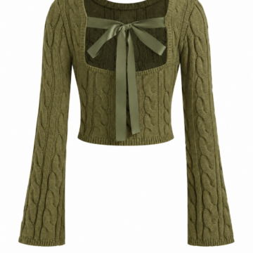 Olive Green Cable Knit Cropped Cardigan Top with Satin Bow
