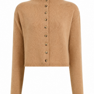 Camel Mock Neck Cropped Cardigan with Button Front
