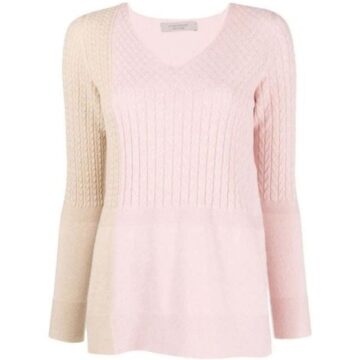 Pale Pink V-Neck Color Block Sweater with Ribbed Detail