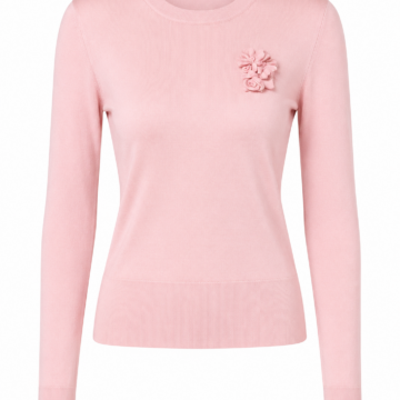 Light Pink Slim Fit Crew Neck Sweater with Floral Appliqué