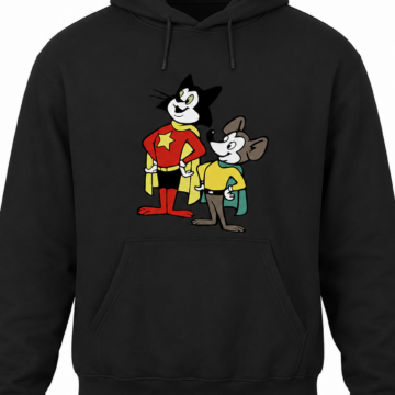 Black Graphic Pullover Hoodie with Cat and Mouse Print