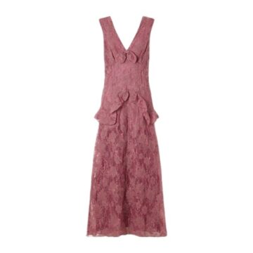 Dusty Rose Lace Midi Dress with V-Neck and Ruffles
